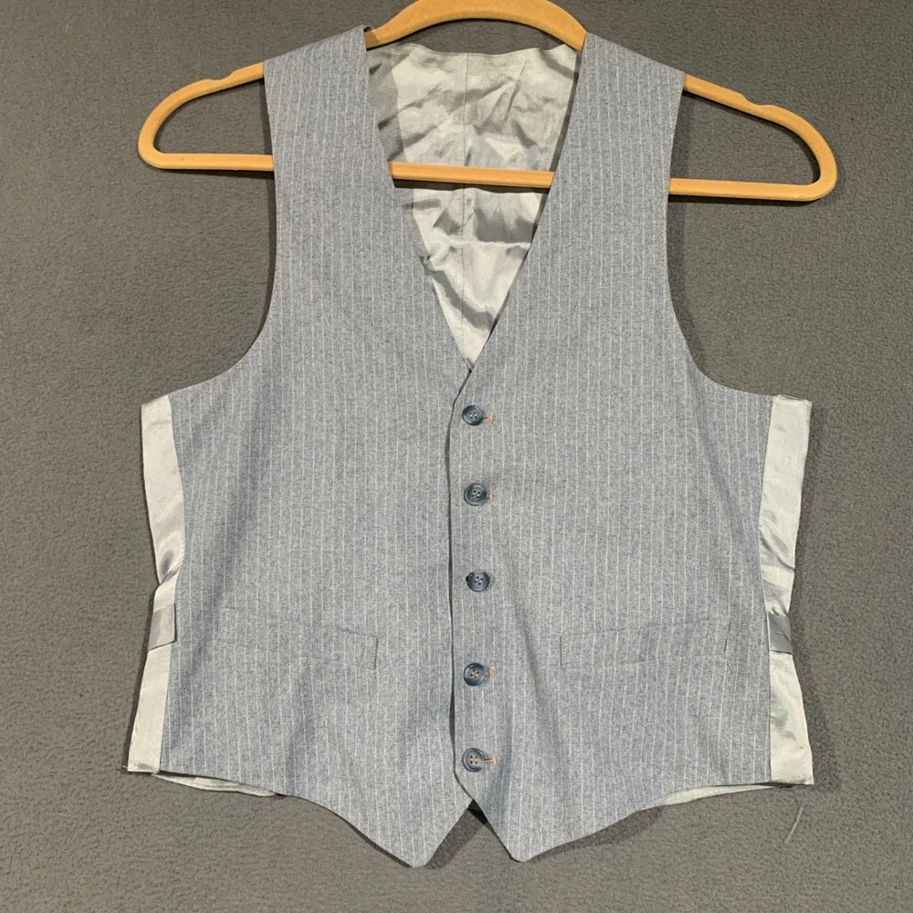 Vintage Suit Vest Men Size M Light Blue Pinstripe Formal Dandy Waistcoat Cinch